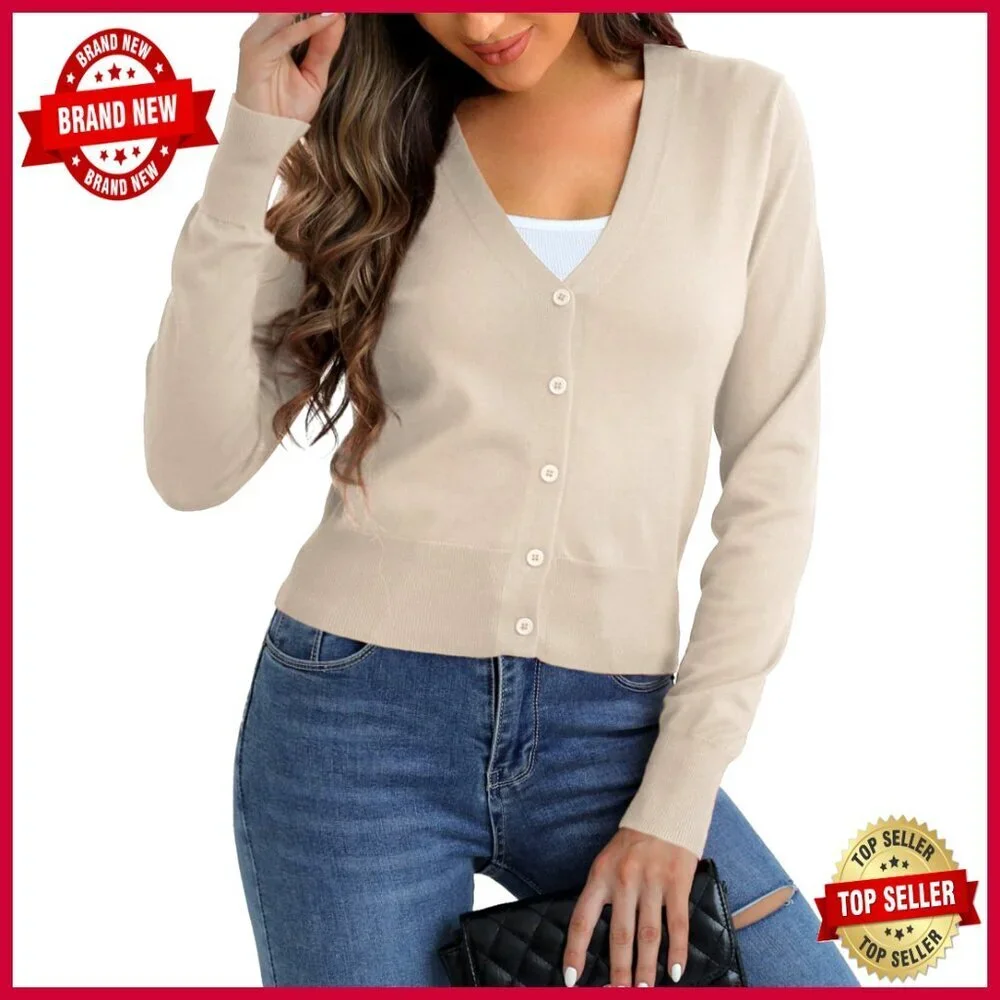 Cropped Cardigan Sweater V-Neck Button Front Lightweight Stretch S-XL